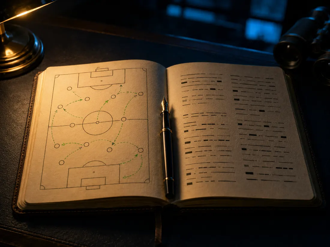 İzleme defteri: bir futbolcunun sisli stat aralıkları ve kenara düşülmüş notlar.